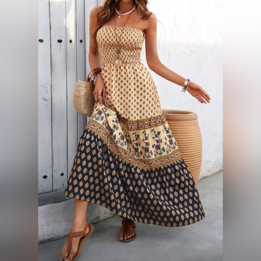 New Boho Print Strapless Tube Top Maxi Dress - Picture 3 of 10